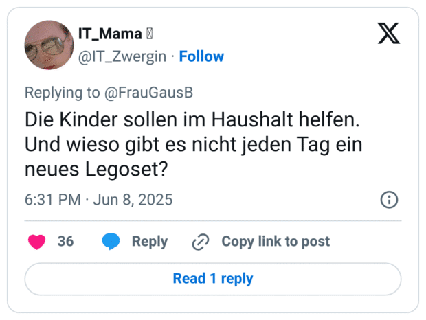 Replying to @FrauGausB Die Kinder sollen im Haushalt helfen. Und wieso gibt es nicht jeden Tag ein neues Legoset?