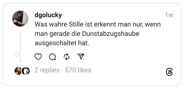 Was wahre Stille ist erkennt man nur, wenn man gerade die Dunstabzugshaube ausgeschaltet hat.
