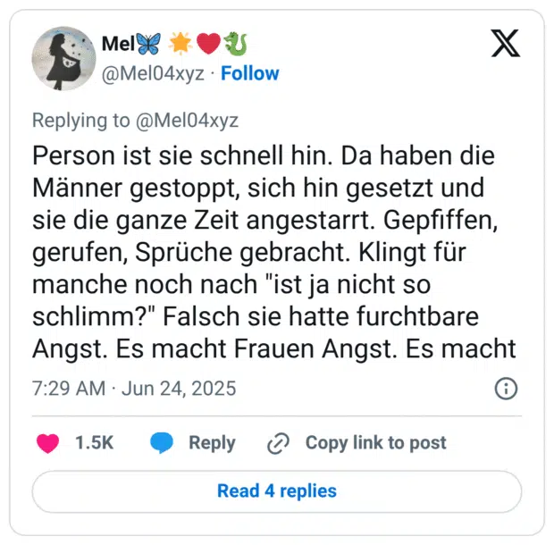 Person ist sie schnell hin. Da haben die Männer gestoppt, sich hin gesetzt und sie die ganze Zeit angestarrt. Gepfiffen, gerufen, Sprüche gebracht. Klingt für manche noch nach "ist ja nicht so schlimm?" Falsch sie hatte furchtbare Angst. Es macht Frauen Angst. Es macht
