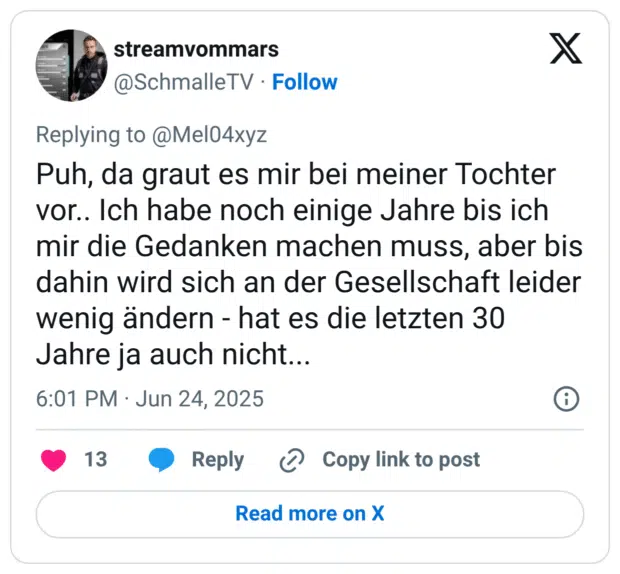 Puh, da graut es mir bei meiner Tochter vor.. Ich habe noch einige Jahre bis ich mir die Gedanken machen muss, aber bis dahin wird sich an der Gesellschaft leider wenig ändern - hat es die letzten 30 Jahre ja auch nicht...