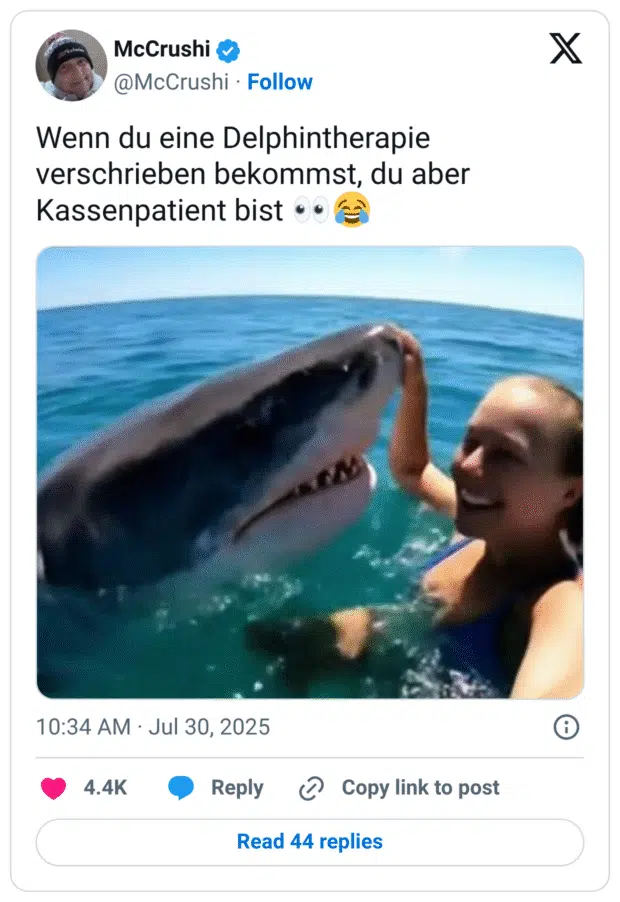 Wenn du eine Delphintherapie verschrieben bekommst, du aber Kassenpatient bist 👀😂
