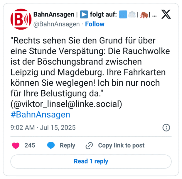 Rechts sehen Sie den Grund für über eine Stunde Verspätung: Die Rauchwolke ist der Böschungsbrand zwischen Leipzig und Magdeburg. Ihre Fahrkarten können Sie weglegen! Ich bin nur noch für Ihre Belustigung da.