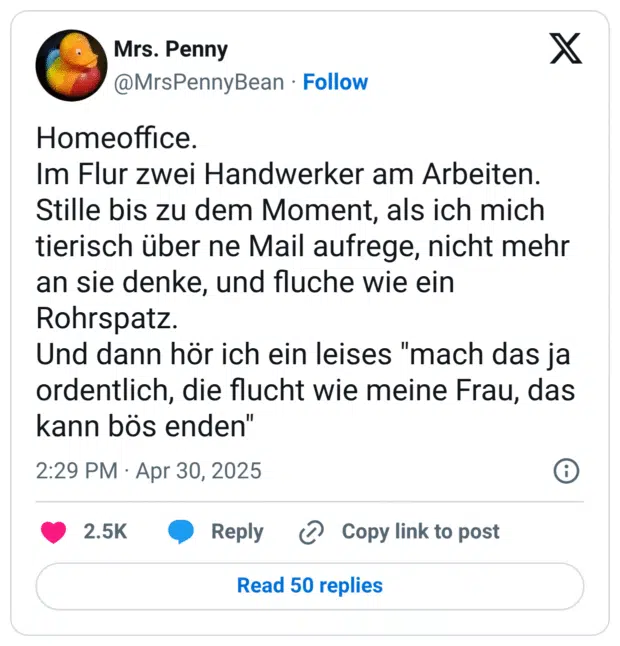 Homeoffice.
Im Flur zwei Handwerker am Arbeiten.
Stille bis zu dem Moment, als ich mich tierisch über ne Mail aufrege, nicht mehr an sie denke, und fluche wie ein Rohrspatz.
Und dann hör ich ein leises "mach das ja ordentlich, die flucht wie meine Frau, das kann bös enden"