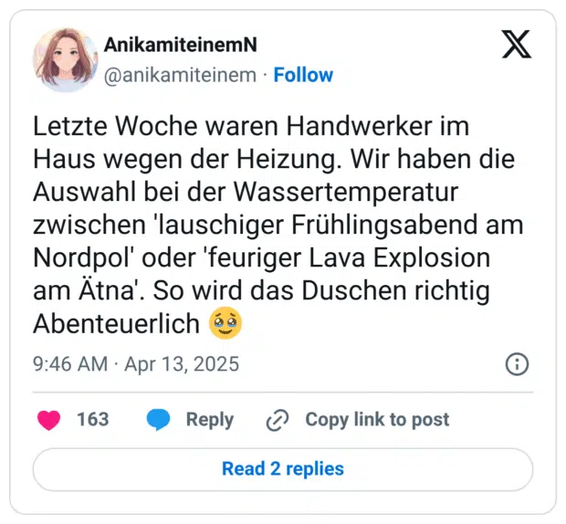 Letzte Woche waren Handwerker im Haus wegen der Heizung. Wir haben die Auswahl bei der Wassertemperatur zwischen 'lauschiger Frühlingsabend am Nordpol' oder 'feuriger Lava Explosion am Ätna'. So wird das Duschen richtig Abenteuerlich :gesicht_mit_zurückgehaltenen_tränen: