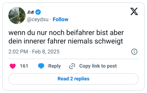 wenn du nur noch beifahrer bist aber dein innerer fahrer niemals schweigt