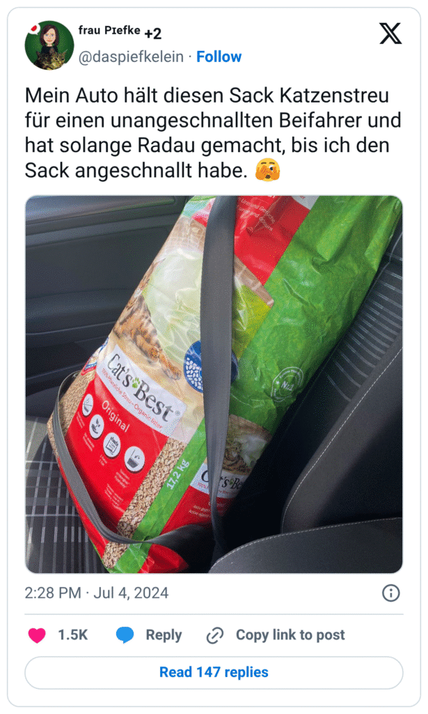Mein Auto hält diesen Sack Katzenstreu für einen unangeschnallten Beifahrer und hat solange Radau gemacht, bis ich den Sack angeschnallt habe. :gesicht_mit_großem_auge: