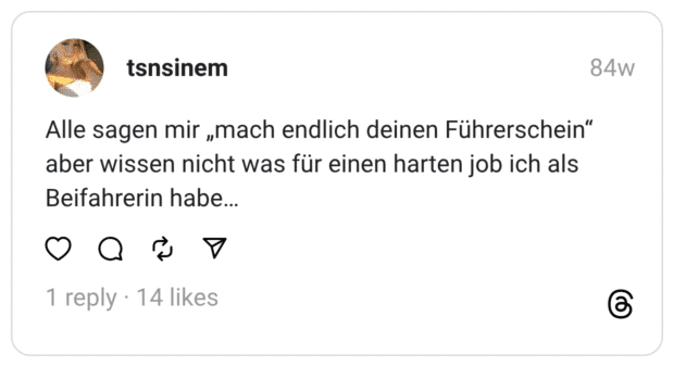 Alle sagen mir „mach endlich deinen Führerschein” aber wissen nicht was für einen harten job ich als Beifahrerin habe…