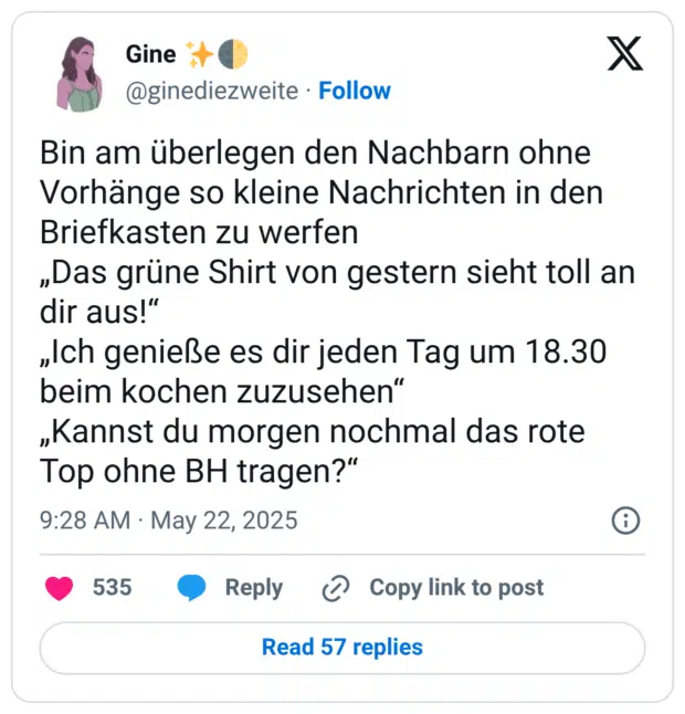 Bin am überlegen den Nachbarn ohne Vorhänge so kleine Nachrichten in den Briefkasten zu werfen „Das grüne Shirt von gestern sieht toll an dir aus!" „Ich genieße es dir jeden Tag um 18.30 beim kochen zuzusehen" „Kannst du morgen nochmal das rote Top ohne BH tragen?