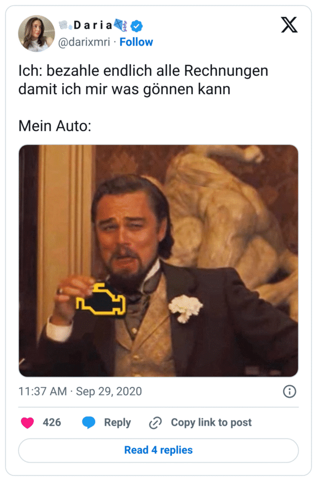 Ich: bezahle endlich alle Rechnungen damit ich mir was gönnen kann

Mein Auto