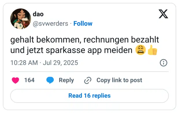 gehalt bekommen, rechnungen bezahlt und jetzt sparkasse app meiden 😩👍