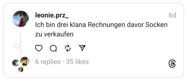 Ich bin drei klana Rechnungen davor Socken zu verkaufen
