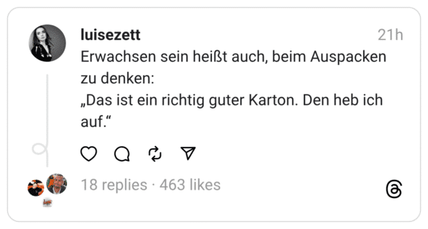 Erwachsen sein heißt auch, beim Auspacken zu denken: „Das ist ein richtig guter Karton. Den heb ich auf.“