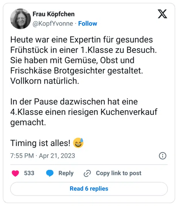 Heute war eine Expertin für gesundes Frühstück in einer 1.Klasse zu Besuch. Sie haben mit Gemüse, Obst und Frischkäse Brotgesichter gestaltet. Vollkorn natürlich. In der Pause dazwischen hat eine 4.Klasse einen riesigen Kuchenverkauf gemacht. Timing ist alles! 😅
