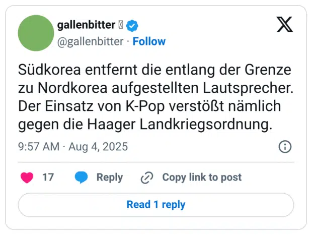 Südkorea entfernt die entlang der Grenze zu Nordkorea aufgestellten Lautsprecher. Der Einsatz von K-Pop verstößt nämlich gegen die Haager Landkriegsordnung.