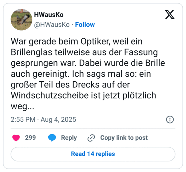 War gerade beim Optiker, weil ein Brillenglas teilweise aus der Fassung gesprungen war. Dabei wurde die Brille auch gereinigt. Ich sags mal so: ein großer Teil des Drecks auf der Windschutzscheibe ist jetzt plötzlich weg...