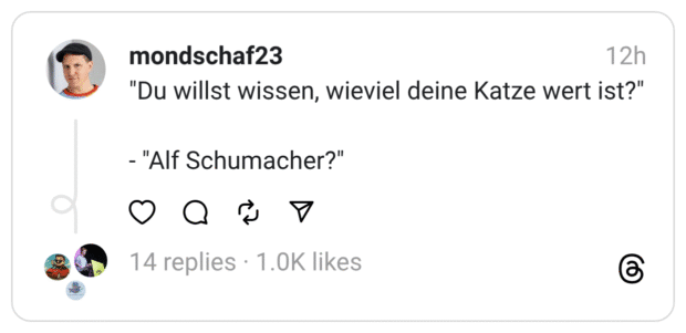 Du willst wissen, wieviel deine Katze wert ist?" - "Alf Schumacher?"