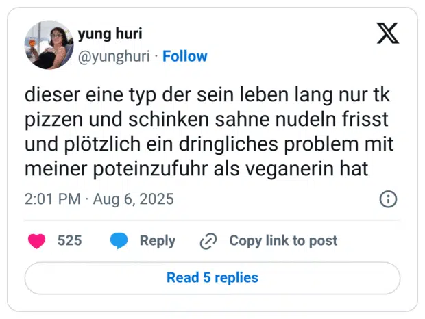 dieser eine typ der sein leben lang nur tk pizzen und schinken sahne nudeln frisst und plötzlich ein dringliches problem mit meiner poteinzufuhr als veganerin hat