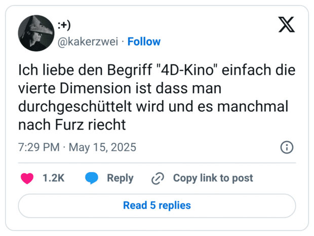 Ich liebe den Begriff "4D-Kino" einfach die vierte Dimension ist dass man durchgeschüttelt wird und es manchmal nach Furz riecht