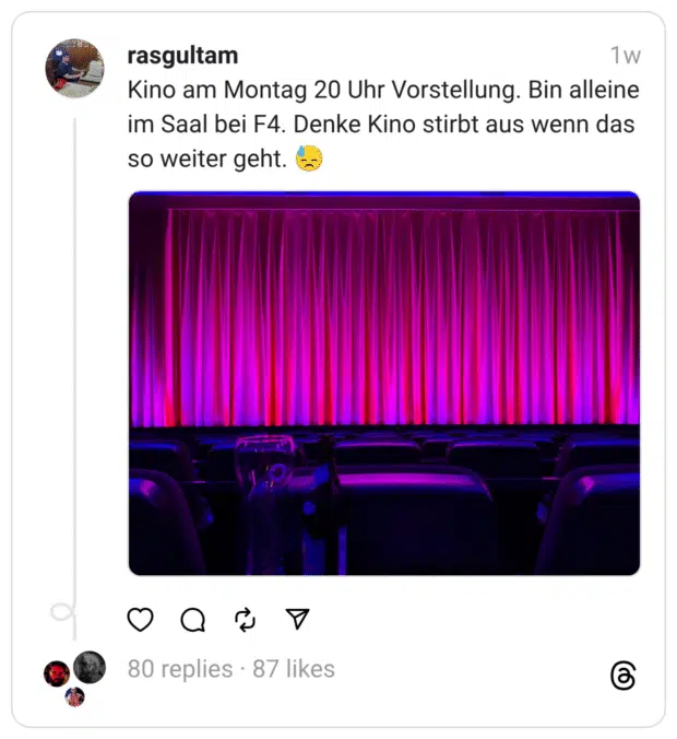 Kino am Montag 20 Uhr Vorstellung. Bin alleine im Saal bei F4. Denke Kino stirbt aus wenn das so weiter geht. 😓