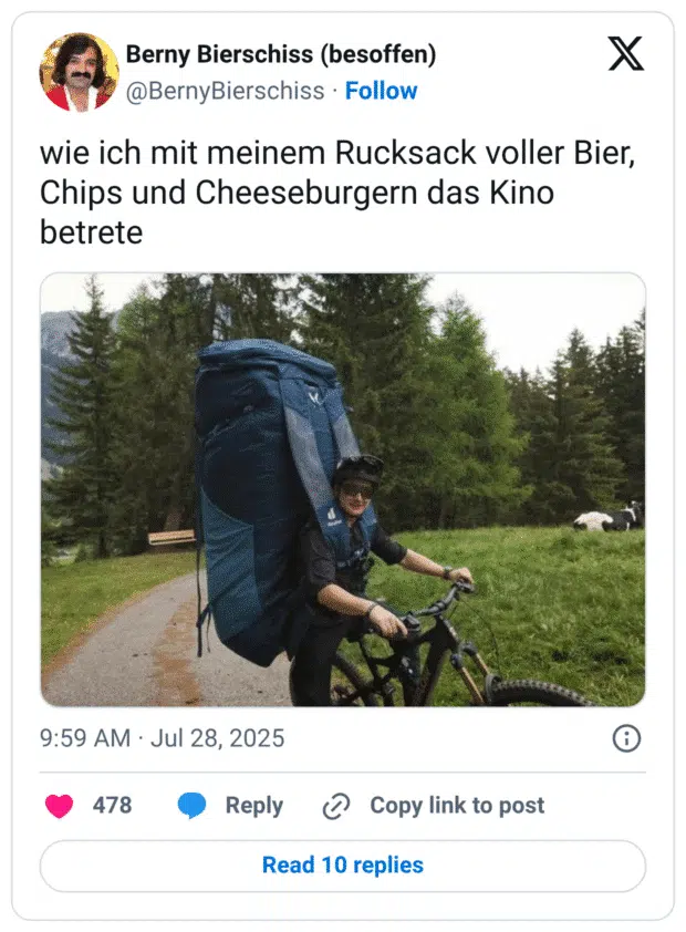 wie ich mit meinem Rucksack voller Bier, Chips und Cheeseburgern das Kino betrete
