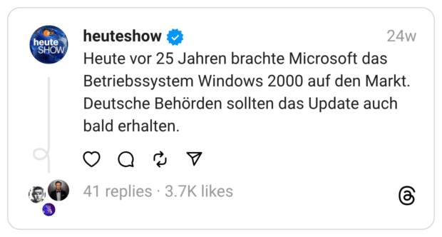 Heute vor 25 Jahren brachte Microsoft das Betriebssystem Windows 2000 auf den Markt. Deutsche Behörden sollten das Update auch bald erhalten.