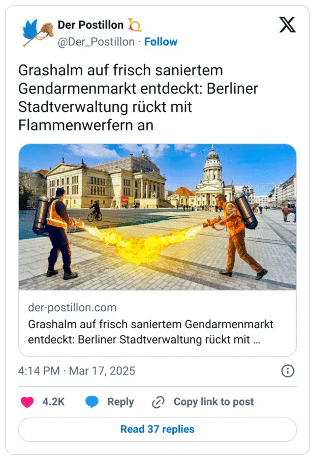 Grashalm auf frisch saniertem Gendarmenmarkt entdeckt: Berliner Stadtverwaltung rückt mit Flammenwerfern an https://t.co/wuy47htHLW