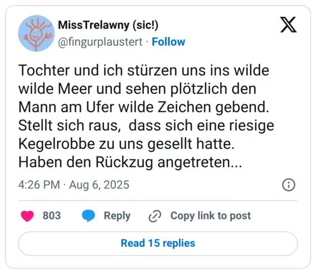Tochter und ich stürzen uns ins wilde wilde Meer und sehen plötzlich den Mann am Ufer wilde Zeichen gebend. Stellt sich raus, dass sich eine riesige Kegelrobbe zu uns gesellt hatte. Haben den Rückzug angetreten...