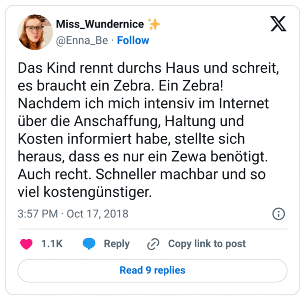 Das Kind rennt durchs Haus und schreit, es braucht ein Zebra. Ein Zebra! Nachdem ich mich intensiv im Internet über die Anschaffung, Haltung und Kosten informiert habe, stellte sich heraus, dass es nur ein Zewa benötigt. Auch recht. Schneller machbar und so viel kostengünstiger.