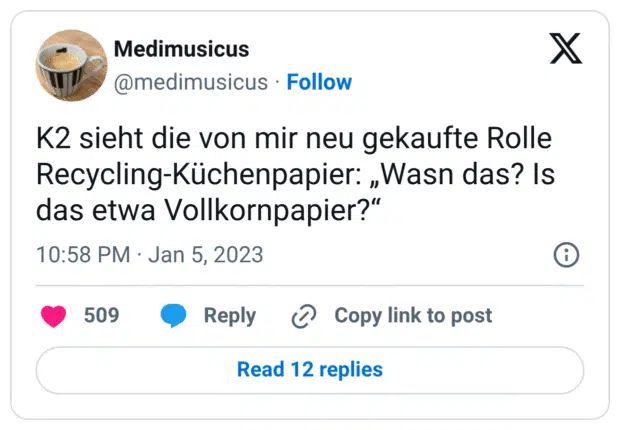 K2 sieht die von mir neu gekaufte Rolle Recycling-Küchenpapier: „Wasn das? Is das etwa Vollkornpapier?“