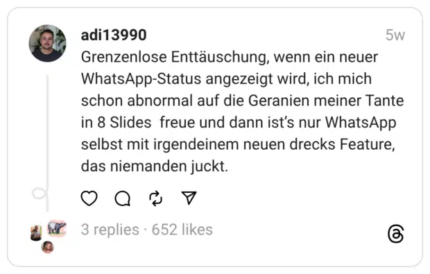 Grenzenlose Enttäuschung, wenn ein neuer WhatsApp-Status angezeigt wird, ich mich schon abnormal auf die Geranien meiner Tante in 8 Slides freue und dann ist’s nur WhatsApp selbst mit irgendeinem neuen drecks Feature, das niemanden juckt.