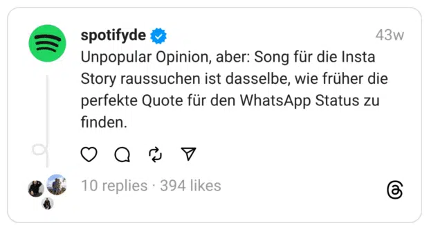 Unpopular Opinion, aber: Song für die Insta Story raussuchen ist dasselbe, wie früher die perfekte Quote für den WhatsApp Status zu finden.