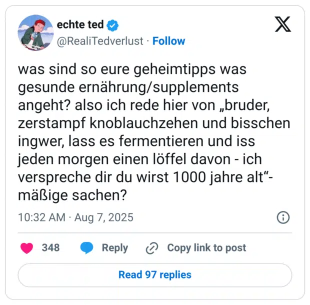 was sind so eure geheimtipps was gesunde ernährung/supplements angeht? also ich rede hier von „bruder, zerstampf knoblauchzehen und bisschen ingwer, lass es fermentieren und iss jeden morgen einen löffel davon - ich verspreche dir du wirst 1000 jahre alt“-mäßige sachen?