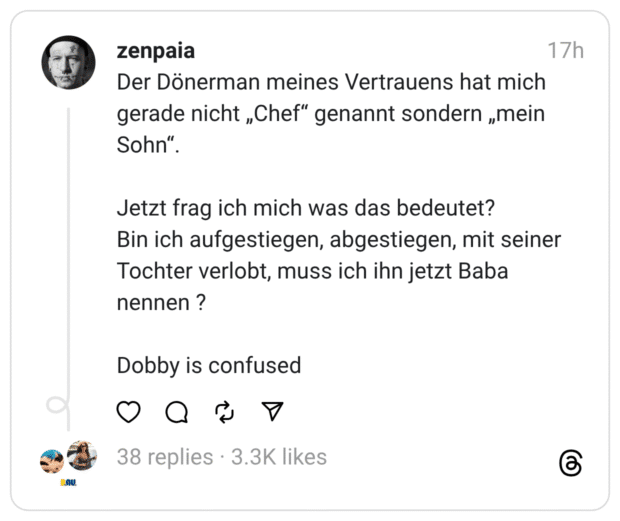 Der Dönerman meines Vertrauens hat mich gerade nicht „Chef“ genannt sondern „mein Sohn“. Jetzt frag ich mich was das bedeutet? Bin ich aufgestiegen, abgestiegen, mit seiner Tochter verlobt, muss ich ihn jetzt Baba nennen ? Dobby is confused