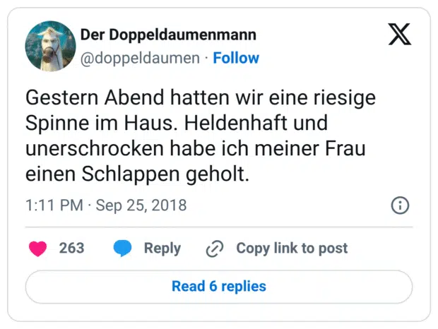 Gestern Abend hatten wir eine riesige Spinne im Haus. Heldenhaft und unerschrocken habe ich meiner Frau einen Schlappen geholt.