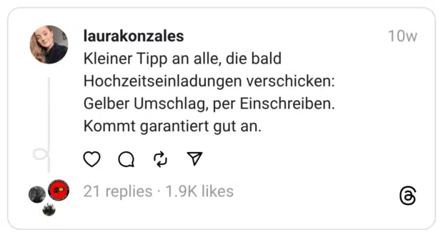 Kleiner Tipp an alle, die bald Hochzeitseinladungen verschicken: Gelber Umschlag, per Einschreiben. Kommt garantiert gut an.