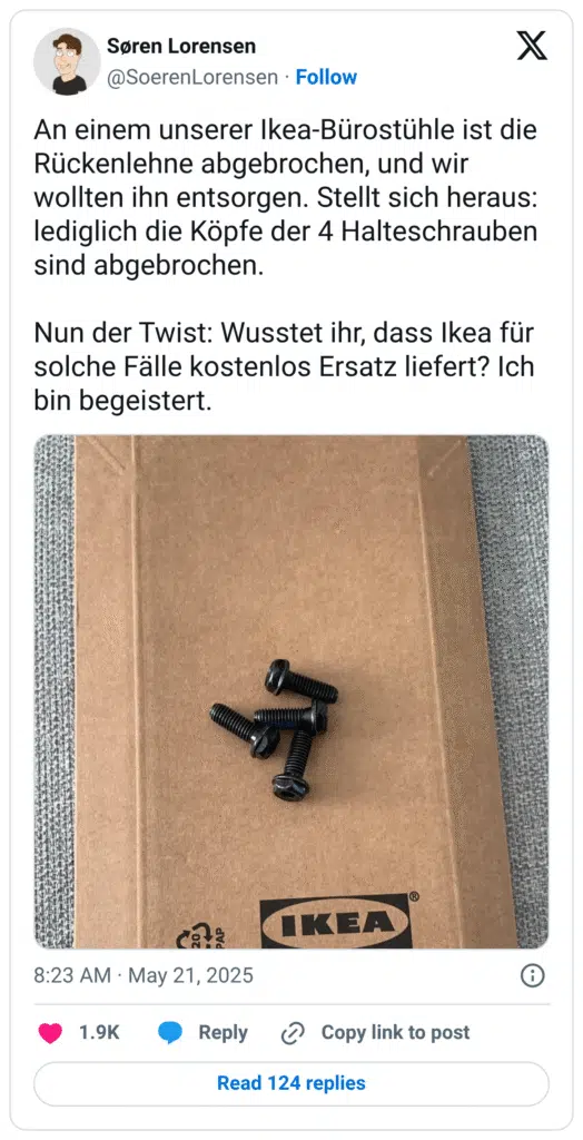 An einem unserer Ikea-Bürostühle ist die Rückenlehne abgebrochen, und wir wollten ihn entsorgen. Stellt sich heraus: lediglich die Köpfe der 4 Halteschrauben sind abgebrochen. Nun der Twist: Wusstet ihr, dass Ikea für solche Fälle kostenlos Ersatz liefert? Ich bin begeistert