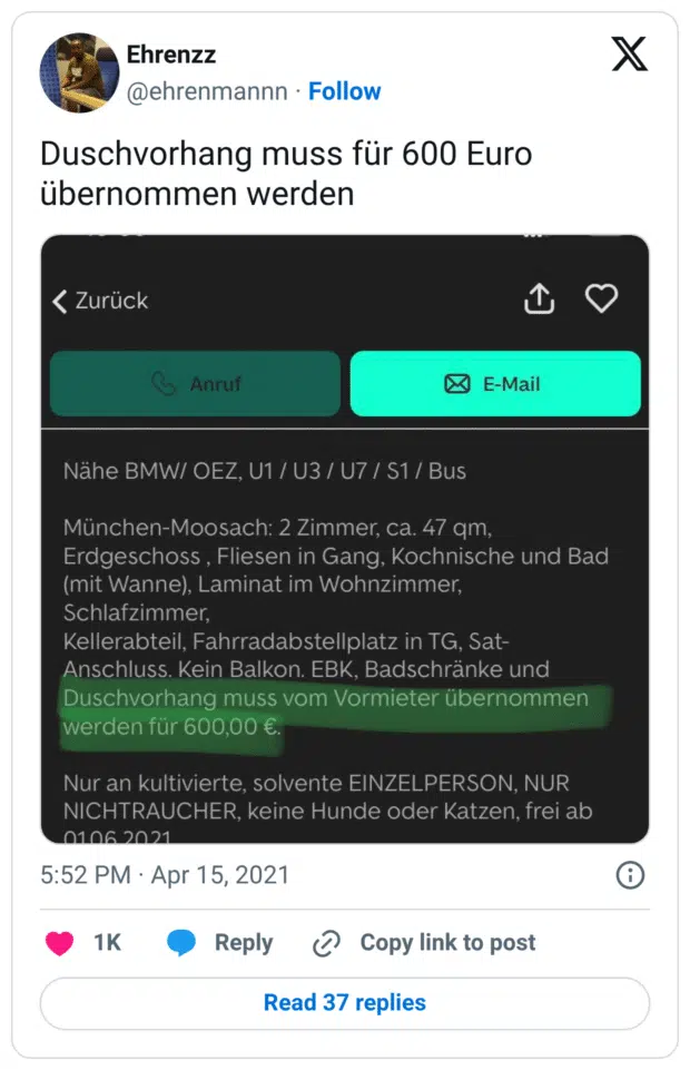Duschvorhang muss für 600 Euro übernommen werden