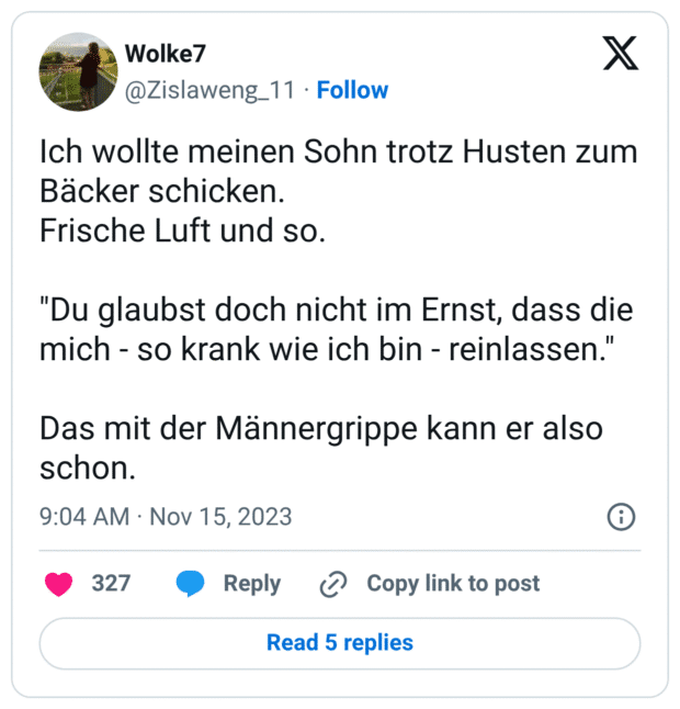 Ich wollte meinen Sohn trotz Husten zum Bäcker schicken. Frische Luft und so. "Du glaubst doch nicht im Ernst, dass die mich - so krank wie ich bin - reinlassen." Das mit der Männergrippe kann er also schon.