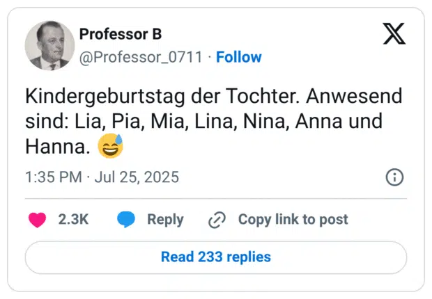 Kindergeburtstag der Tochter. Anwesend sind: Lia, Pia, Mia, Lina, Nina, Anna und Hanna.