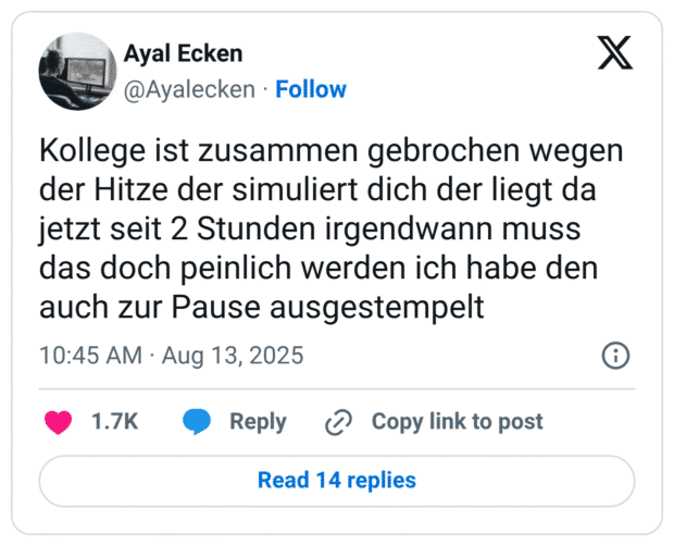 Kollege ist zusammen gebrochen wegen der Hitze der simuliert dich der liegt da jetzt seit 2 Stunden irgendwann muss das doch peinlich werden ich habe den auch zur Pause ausgestempelt