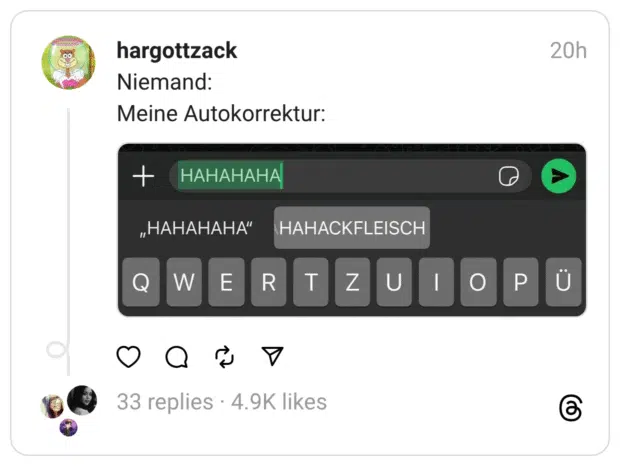 Niemand: Meine Autokorrektur: + HAHAHAHA „HAHAHAHA" W E R HAHACKFLEISCH