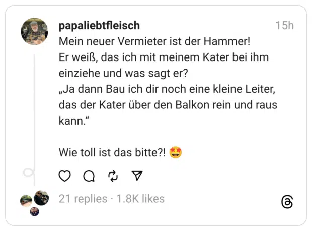 Mein neuer Vermieter ist der Hammer! Er weiß, das ich mit meinem Kater bei ihm einziehe und was sagt er? „Ja dann Bau ich dir noch eine kleine Leiter, das der Kater über den Balkon rein und raus kann." Wie toll ist das bitte?!