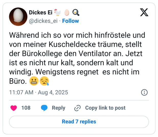 Während ich so vor mich hinfröstele und von meiner Kuscheldecke träume, stellt der Bürokollege den Ventilator an. Jetzt ist es nicht nur kalt, sondern kalt und windig. Wenigstens regnet es nicht im Büro. :grimasse::schläfrig: