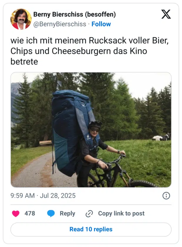 wie ich mit meinem Rucksack voller Bier, Chips und Cheeseburgern das Kino betrete