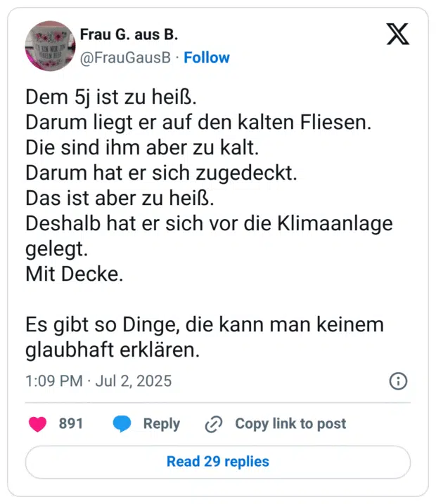 Dem 5j ist zu heiß. Darum liegt er auf den kalten Fliesen. Die sind ihm aber zu kalt. Darum hat er sich zugedeckt. Das ist aber zu heiß. Deshalb hat er sich vor die Klimaanlage gelegt. Mit Decke. Es gibt so Dinge, die kann man keinem glaubhaft erklären.