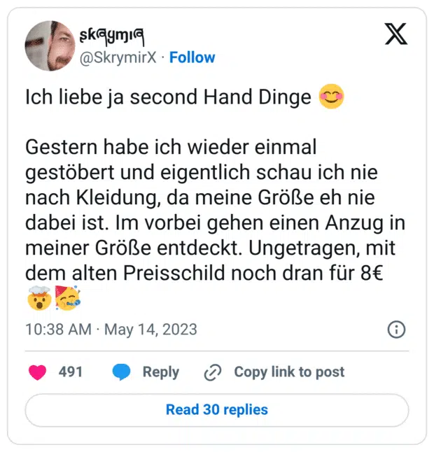 Ich liebe ja second Hand Dinge 😊 Gestern habe ich wieder einmal gestöbert und eigentlich schau ich nie nach Kleidung, da meine Größe eh nie dabei ist. Im vorbei gehen einen Anzug in meiner Größe entdeckt. Ungetragen, mit dem alten Preisschild noch dran für 8€ 🤯🥳