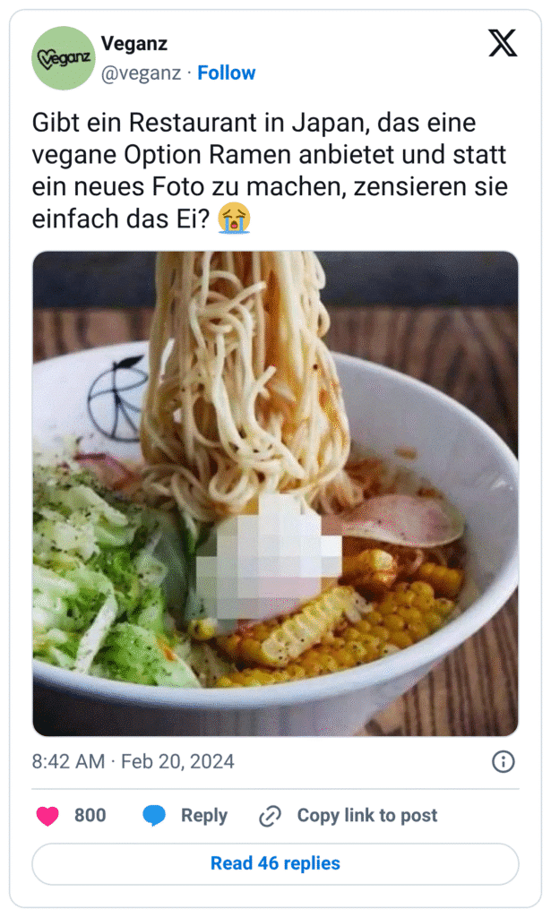 Gibt ein Restaurant in Japan, das eine vegane Option Ramen anbietet und statt ein neues Foto zu machen, zensieren sie einfach das Ei? 😭