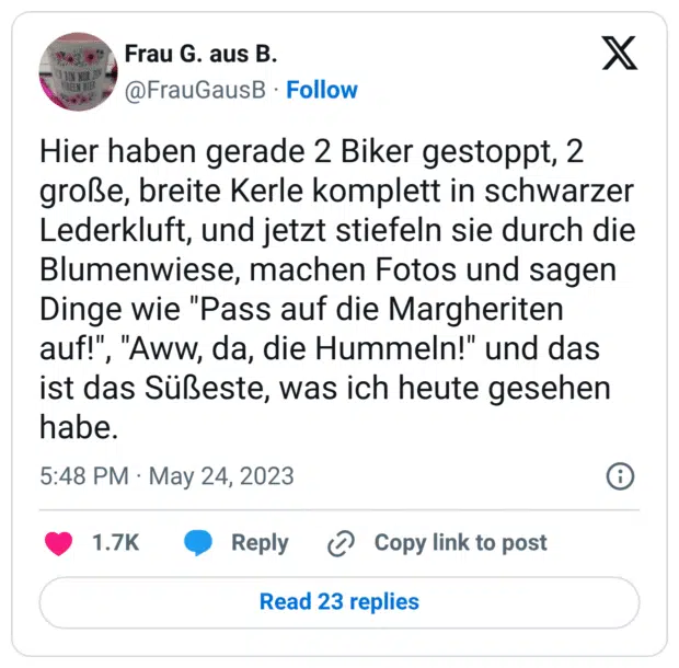 Hier haben gerade 2 Biker gestoppt, 2 große, breite Kerle komplett in schwarzer Lederkluft, und jetzt stiefeln sie durch die Blumenwiese, machen Fotos und sagen Dinge wie "Pass auf die Margheriten auf!", "Aww, da, die Hummeln!" und das ist das Süßeste, was ich heute gesehen habe.