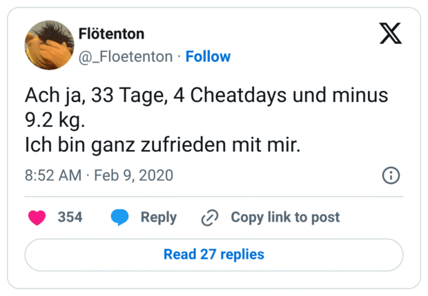 Ach ja, 33 Tage, 4 Cheatdays und minus 9.2 kg. Ich bin ganz zufrieden mit mir.