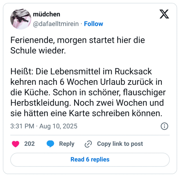 Ferienende, morgen startet hier die Schule wieder. Heißt: Die Lebensmittel im Rucksack kehren nach 6 Wochen Urlaub zurück in die Küche. Schon in schöner, flauschiger Herbstkleidung. Noch zwei Wochen und sie hätten eine Karte schreiben können.